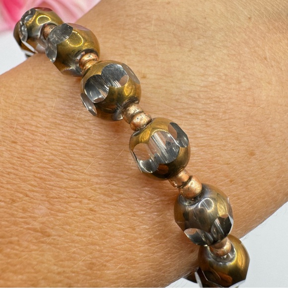 Cut Glass Round Bead Bracelet Copper Tone Electroplated Toggle Clasp 8” Length - Picture 7 of 11